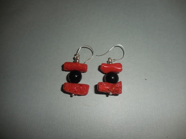 Boucles corail onyx noir argent 925